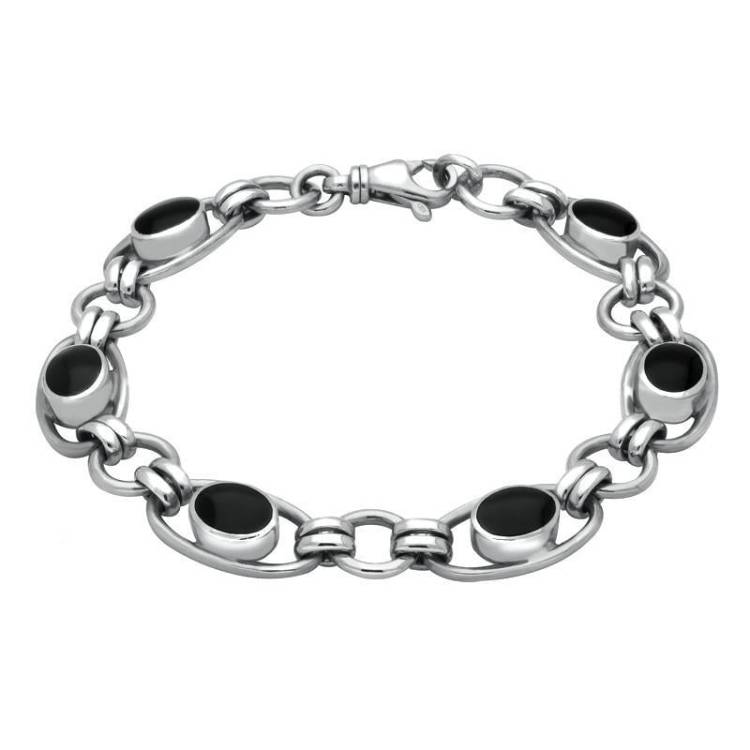 Sterling Silver Whitby Jet Heritage Oval Loop Link Bracelet - Silver