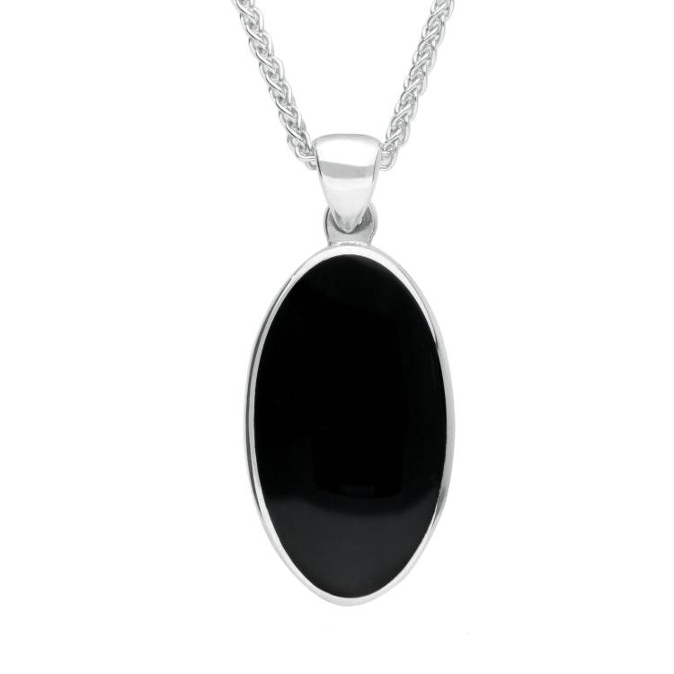 Sterling Silver Whitby Jet Oval Open Back Long Necklace - Silver