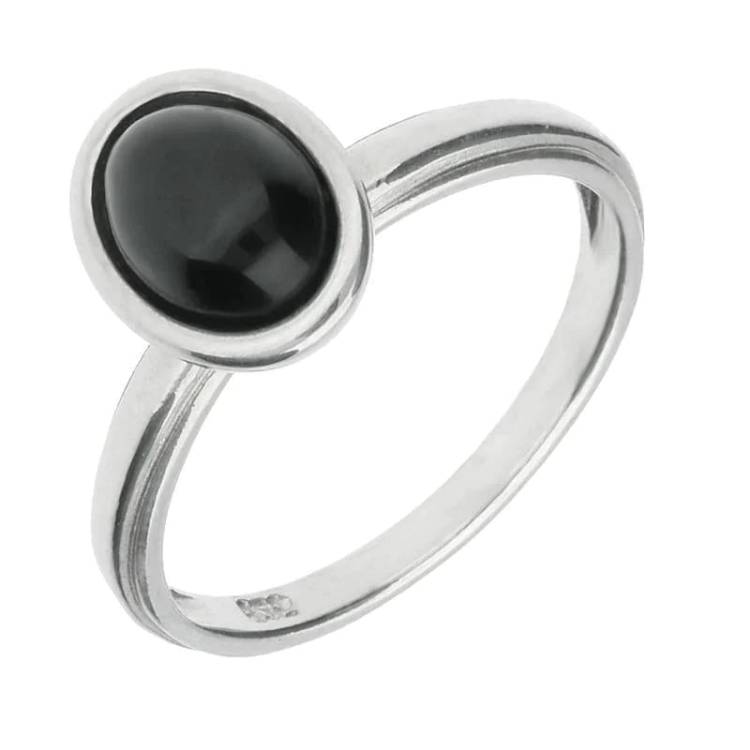Sterling Silver Whitby Jet Oval Plain Shank Stacking Ring - Silver