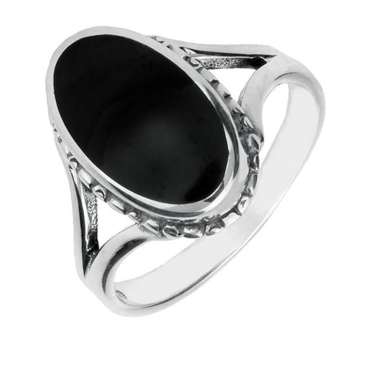 Sterling Silver Whitby Jet Oval Rope Edge Ring