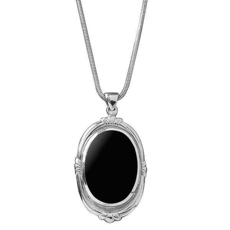 Sterling Silver Whitby Jet Oval Shape Fleur Necklace - Silver