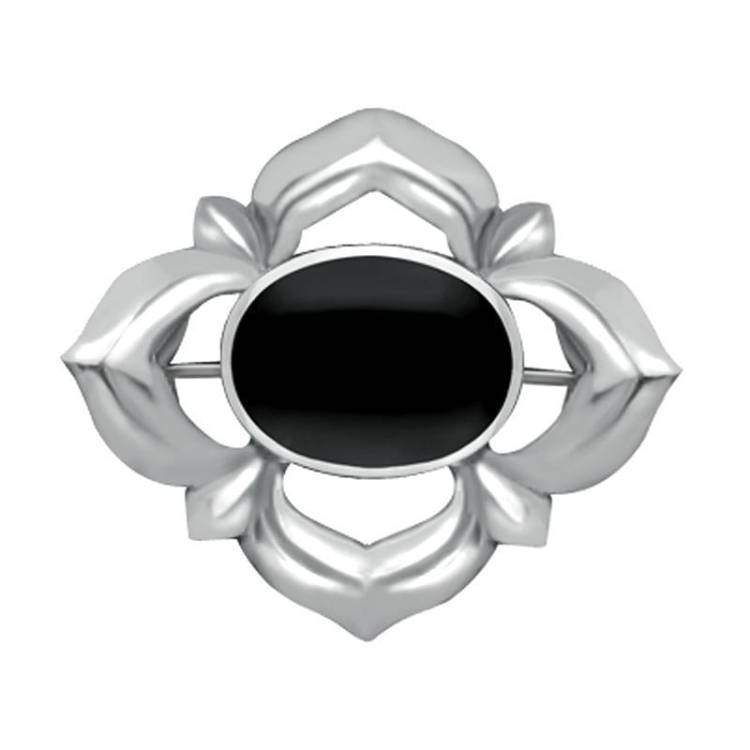 Sterling Silver Whitby Jet Oval Star Brooch - Silver