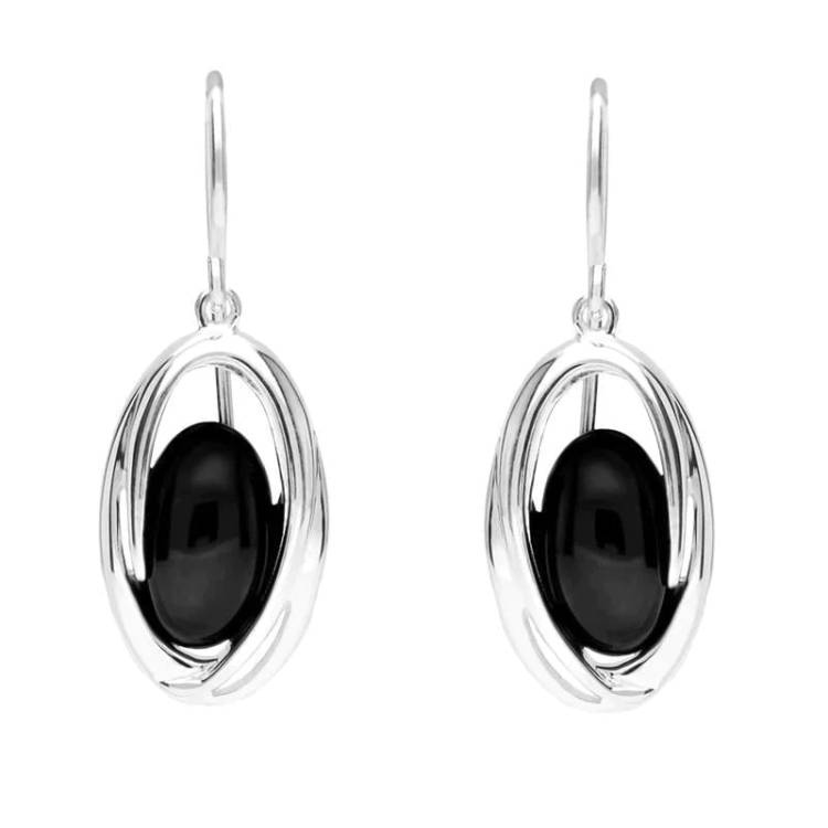 Sterling Silver Whitby Jet Oval Stone Enclosed Drop Earrings - Silver