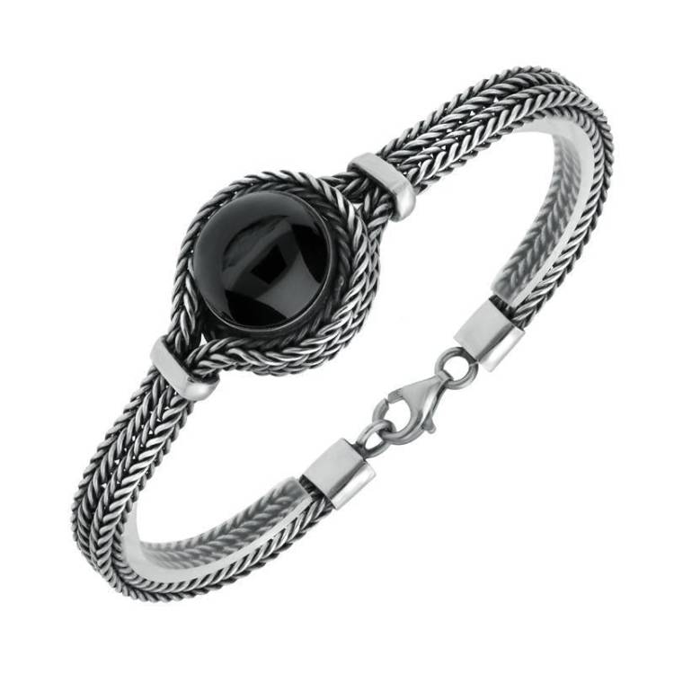Sterling Silver Whitby Jet Foxtail Overlapping Round Bracelet - Silver