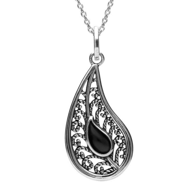 Sterling Silver Whitby Jet Oxidise Stone Teardrop Necklace - Silver