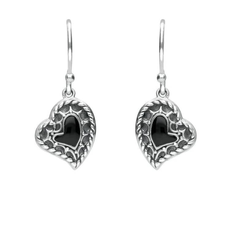 Sterling Silver Whitby Jet Oxidised Heart Drop Earrings - Silver