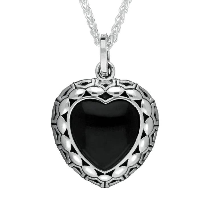 Sterling Silver Whitby Jet Oxidised Heart Necklace - Silver