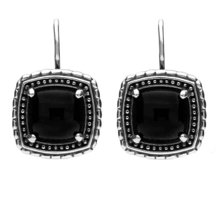 Sterling Silver Whitby Jet Oxidised Square Pattern Hook Drop Earrings - Silver
