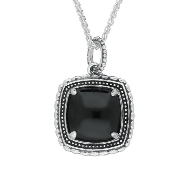 Sterling Silver Whitby Jet Oxidised Square Pattern Necklace - Silver