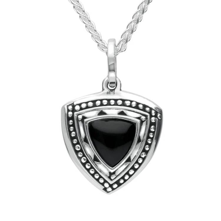Sterling Silver Whitby Jet Oxidised Triangle Shield Necklace - Silver