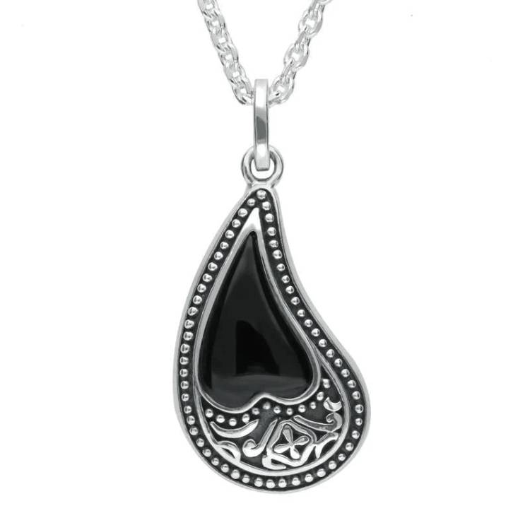 Sterling Silver Whitby Jet Pattern Curved Heart Necklace - Silver