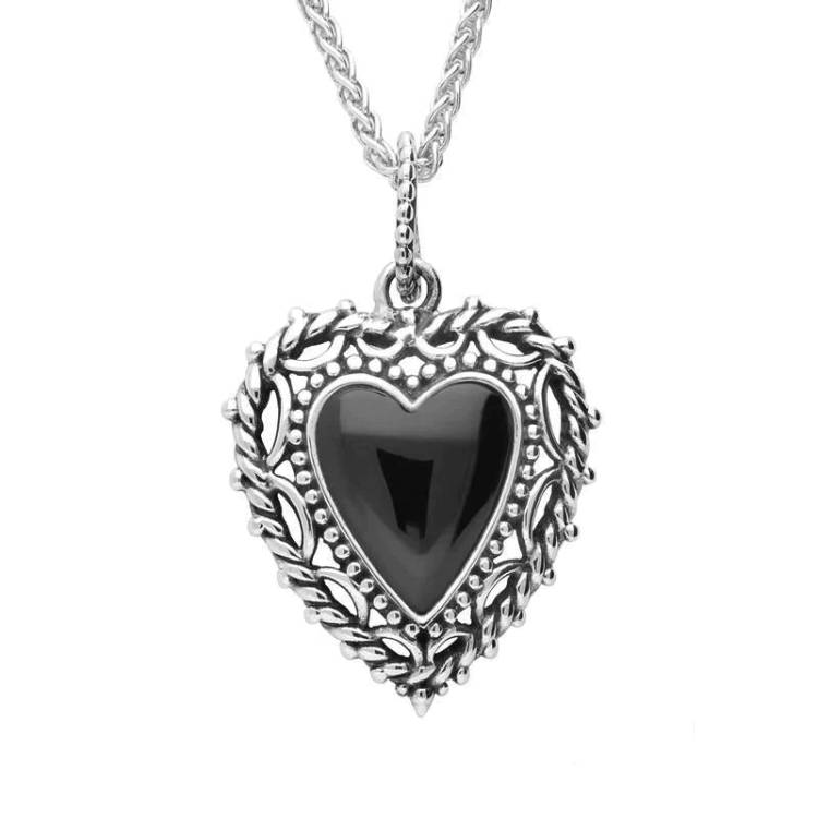 Sterling Silver Whitby Jet Pattern Edge Heart Necklace - Silver