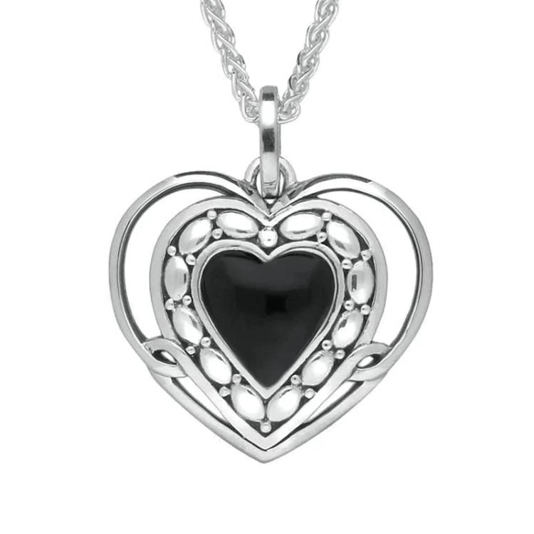Sterling Silver Whitby Jet Pattern Open Heart Necklace - Silver