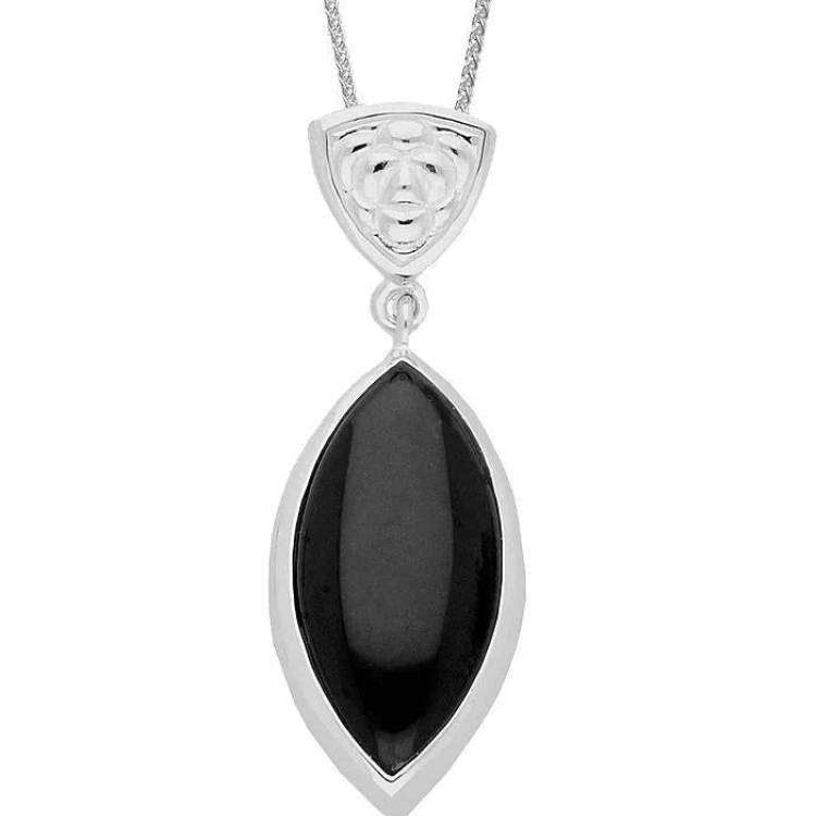 Sterling Silver Whitby Jet Patterned Marquise Necklace - Silver