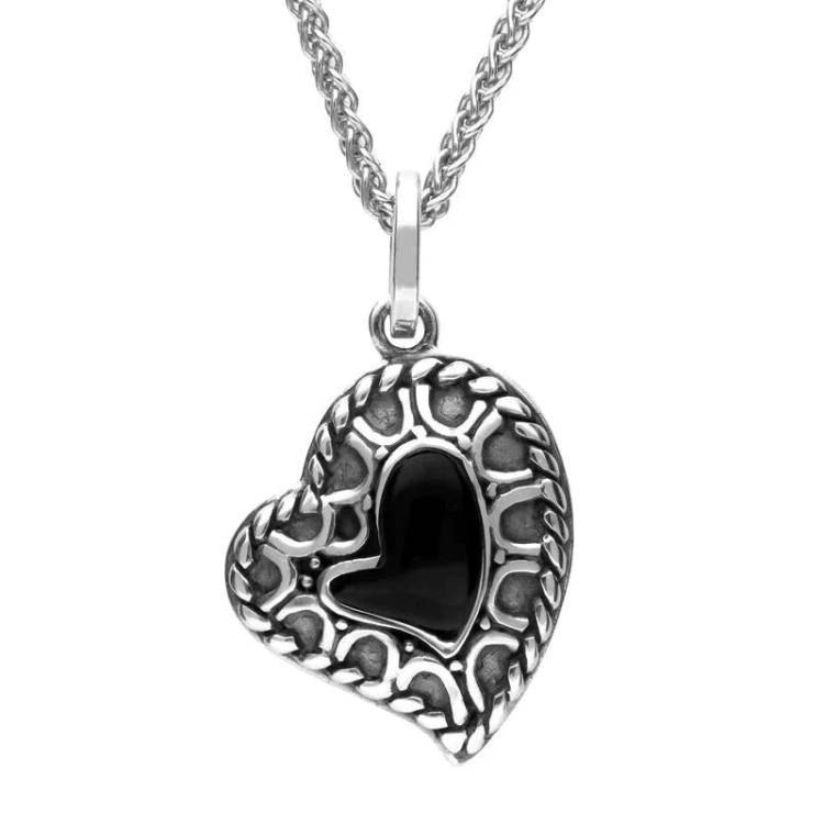 Sterling Silver Whitby Jet Oxidised Patterned Heart Necklace - Silver