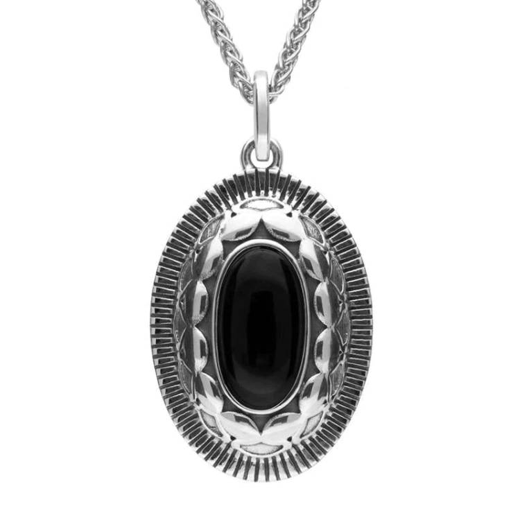 Sterling Silver Whitby Jet Patterned Oxidised Shield Necklace - Silver
