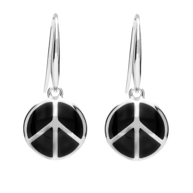 Sterling Silver Whitby Jet Eclipse Peace Symbol Hook Earrings - Option1 Value Silver