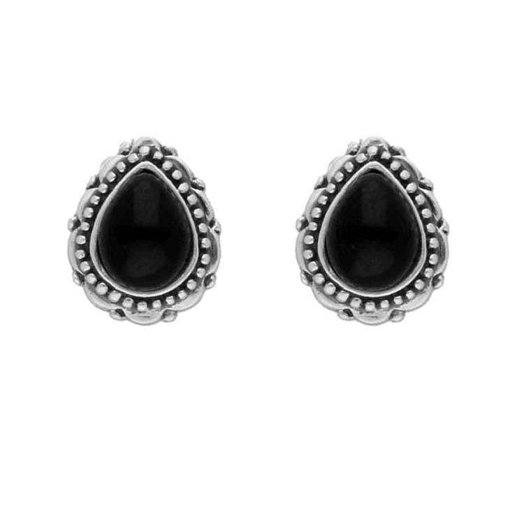 Sterling Silver Whitby Jet Pear Beaded Lace Edge Stud Earrings - Silver