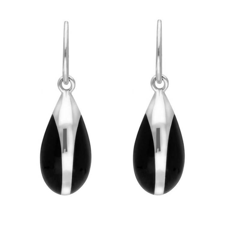 Sterling Silver Whitby Jet Eclipse Pear Drop Hook Earrings - Silver