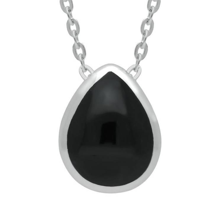 Sterling Silver Whitby Jet Eclipse Pear Pendant Necklace - Option1 Value Silver
