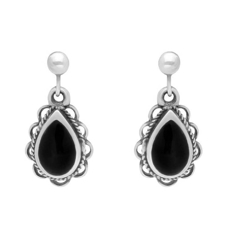 Sterling Silver Whitby Jet Heritage Pear Rope Frill Drop Earrings - Silver