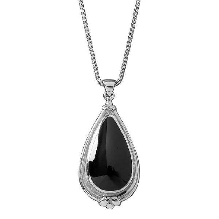 Sterling Silver Whitby Jet Pear Shape Fleur Necklace - Silver