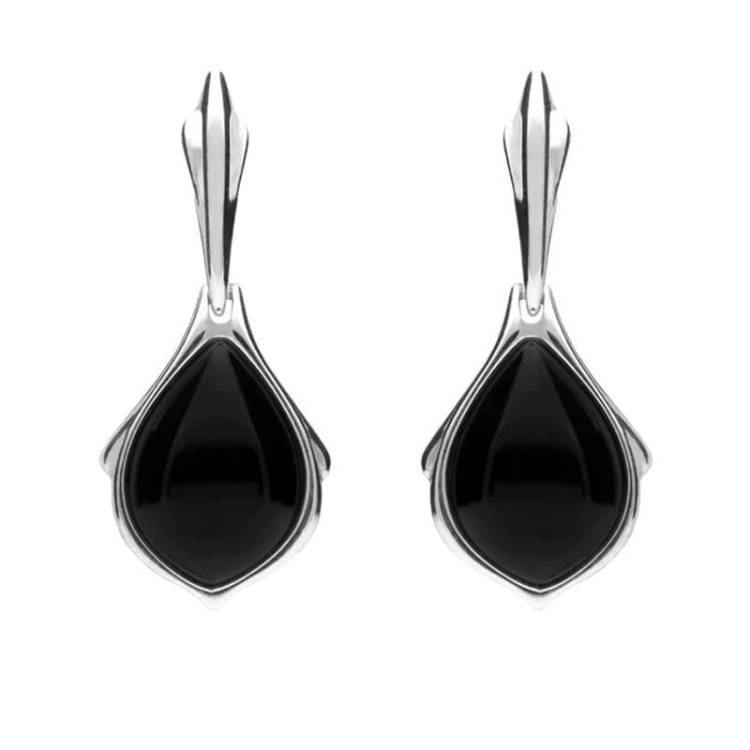 Sterling Silver Whitby Jet Pear Shape Open Back Drop Earrings - Silver