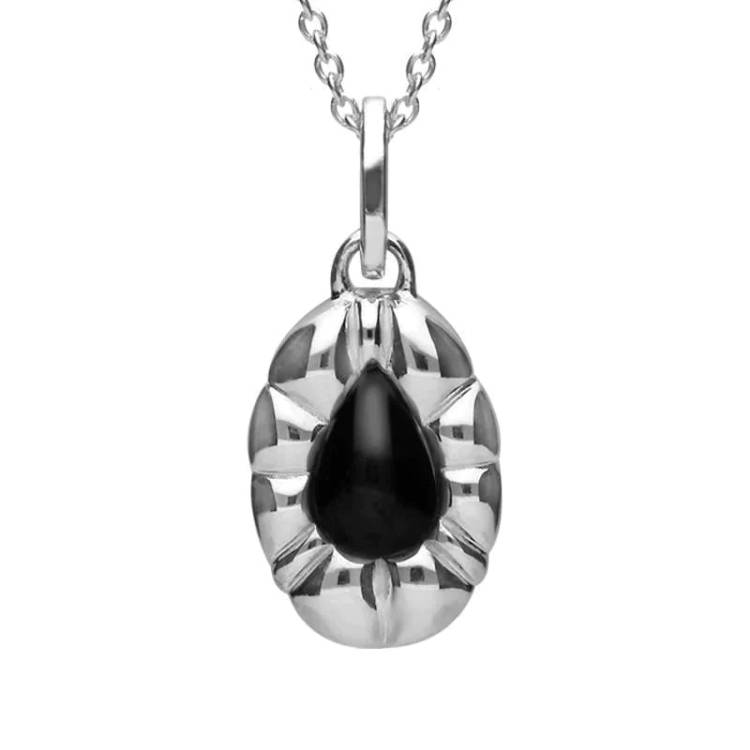 Sterling Silver Whitby Jet Heritage Pear Shaped Beaded Edge Necklace - Silver