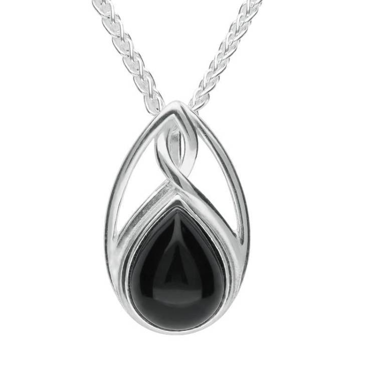 Sterling Silver Whitby Jet Pear Shaped Celtic Twist Drop Necklace