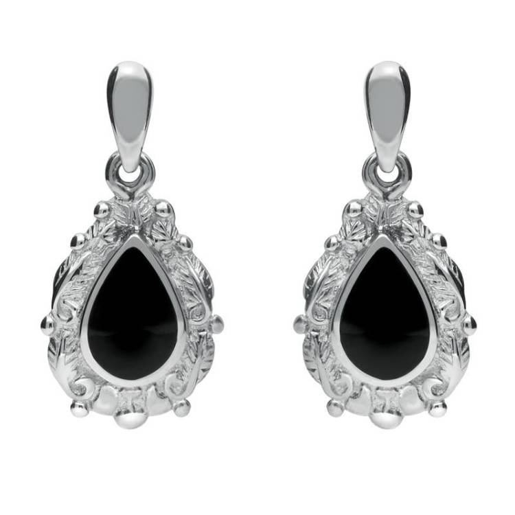 Sterling Silver Whitby Jet Pear Shaped Leaf Drop Earrings - Silver