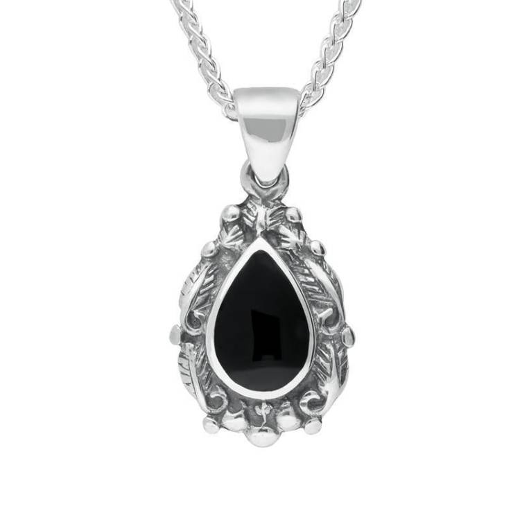 Sterling Silver Whitby Jet Heritage Pear Shaped Leaf Drop Necklace - Silver