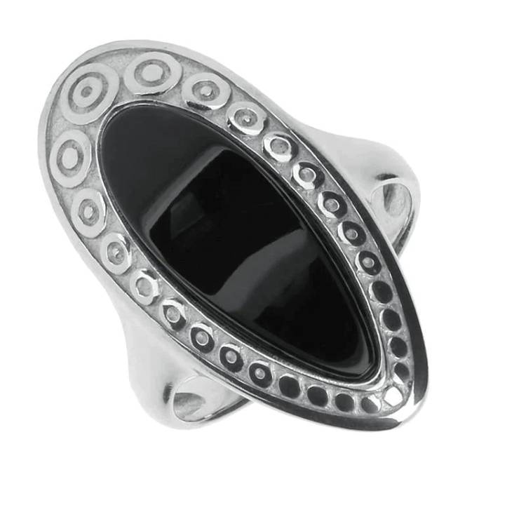 Sterling Silver Whitby Jet Heritage Pear Swirl Edge Ring - Silver