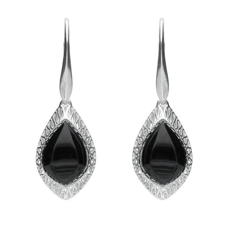 Sterling Silver Whitby Jet Pierced Drop Earrings - Silver