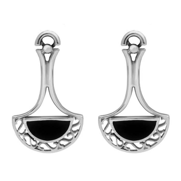 Sterling Silver Whitby Jet Heritage Pierced Fan Drop Earrings - Silver