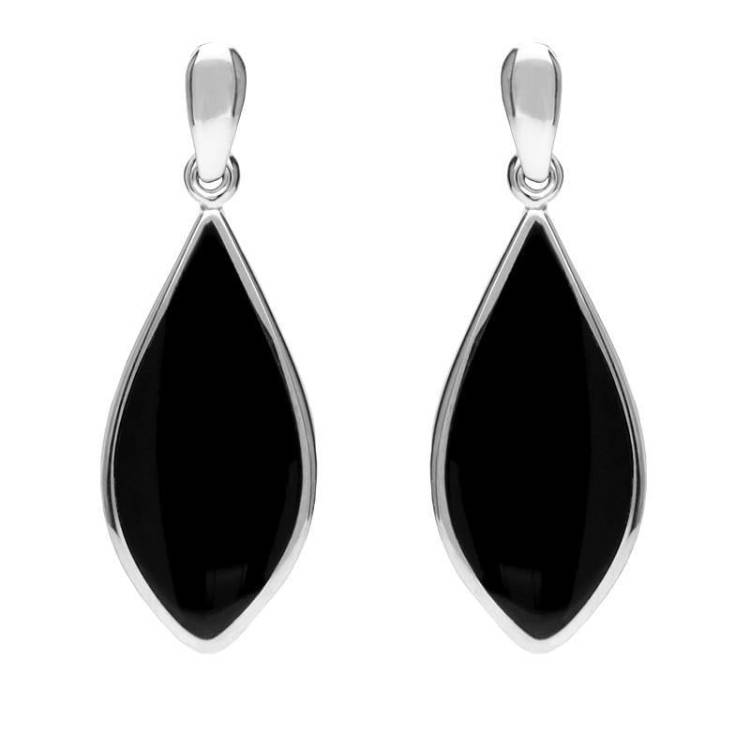 Sterling Silver Whitby Jet Pointed Pear Drop Earrings - Silver