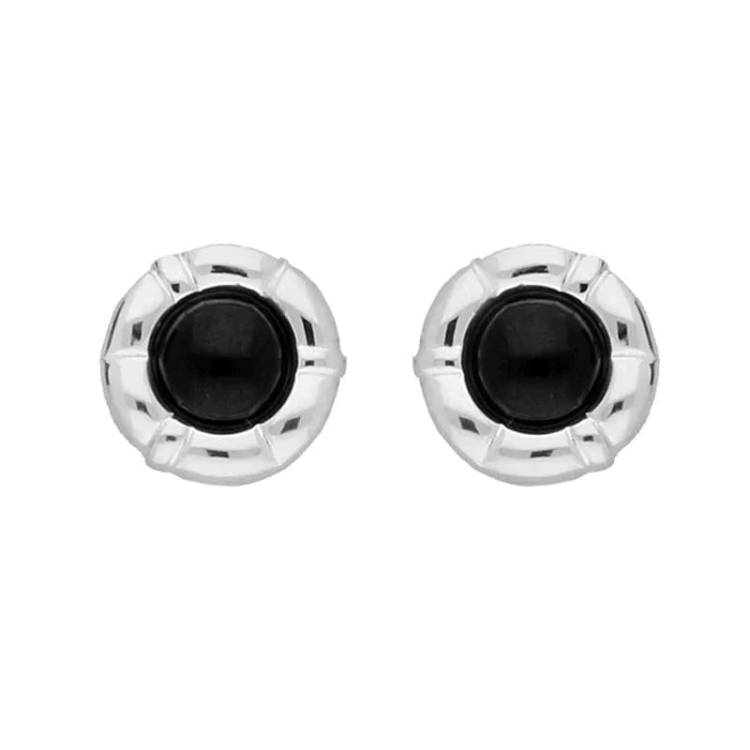 Sterling Silver Whitby Jet Ridged Circle Stud Earrings - Silver