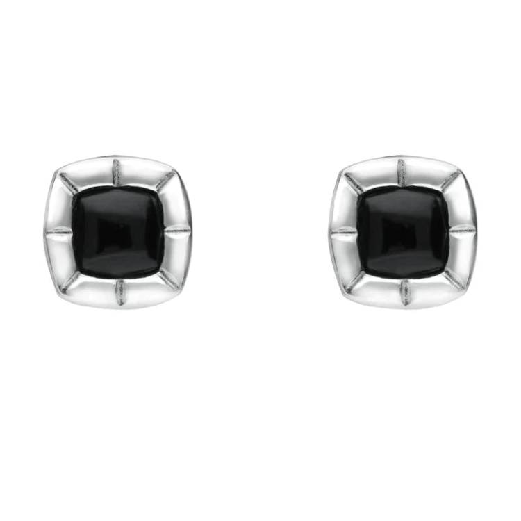 Sterling Silver Whitby Jet Ridged Cushion Stud Earrings - Silver