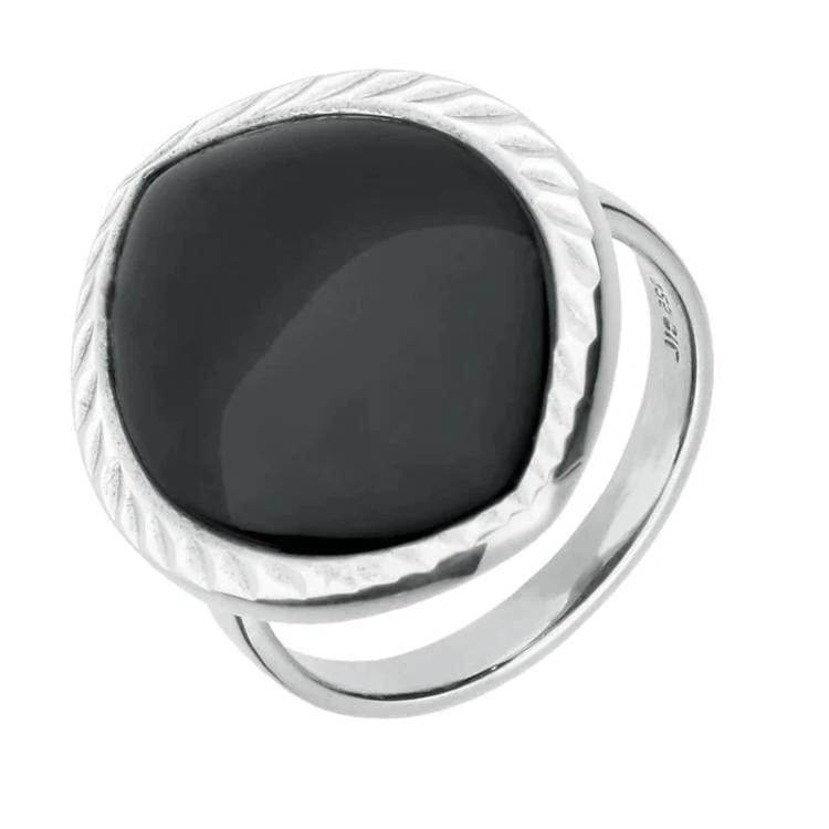 Sterling Silver Whitby Jet Ridged Marquise Ring - Silver