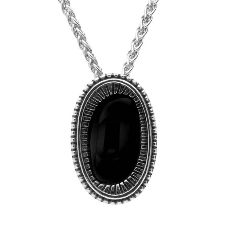 Sterling Silver Whitby Jet Ridged Oval Stone Necklace - Silver