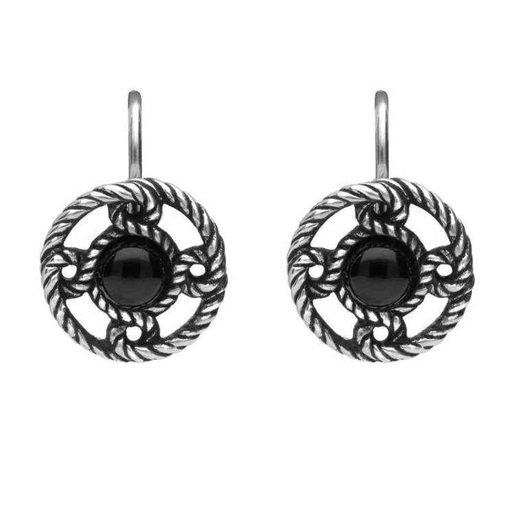 Sterling Silver Whitby Jet Rope Edge Open Circle Port Hole Earrings - Silver