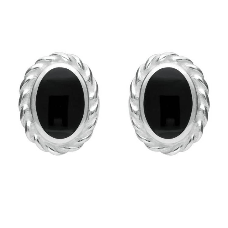 Sterling Silver Whitby Jet Rope Edge Oval Stud Earrings - Silver
