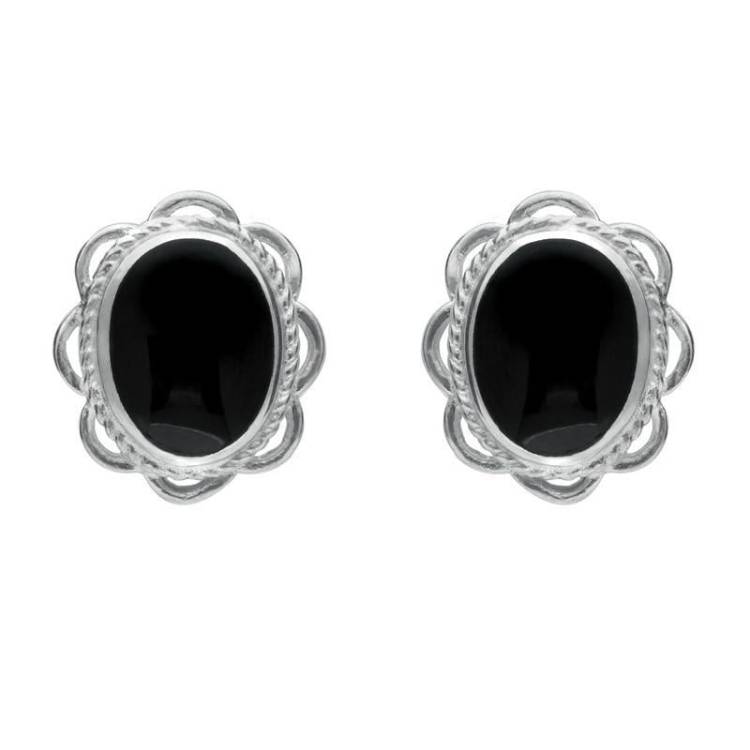 Sterling Silver Whitby Jet Rope Frill Edge Stud Earrings - Option1 Value Silver
