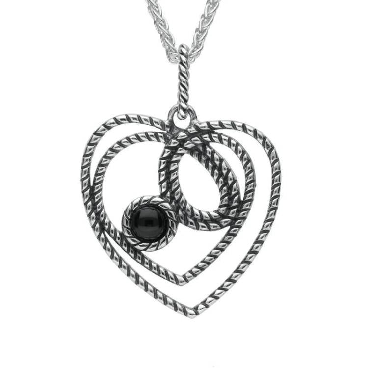 Sterling Silver Whitby Jet Rope Heart Stone Necklace - Silver