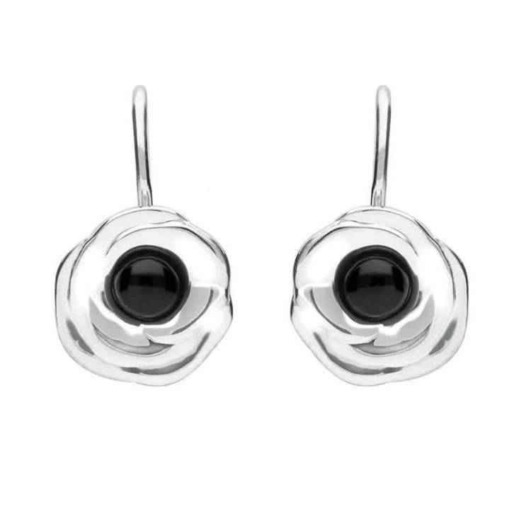 Sterling Silver Whitby Jet Rose Hook Earrings - Option1 Value Silver