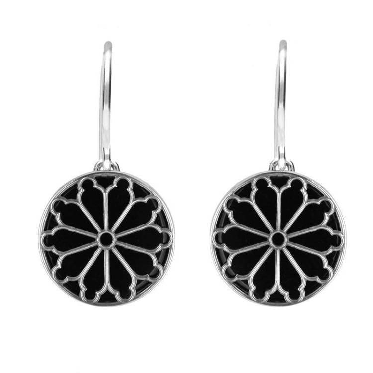 Sterling Silver Whitby Jet Round Abbey Window Drop Earrings - Silver