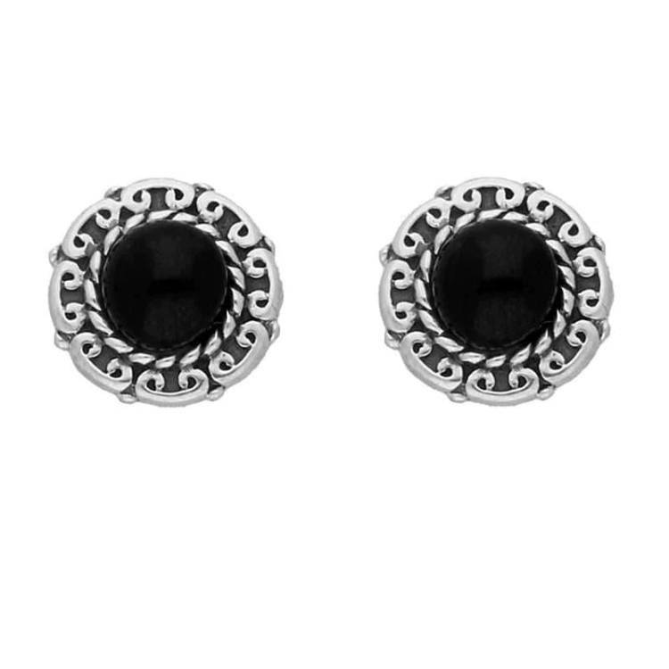 Sterling Silver Whitby Jet Round Beaded Edge Stud Earrings - Silver