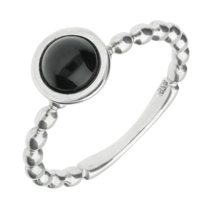 Sterling Silver Whitby Jet Round Beaded Shank Stacking Ring - Silver
