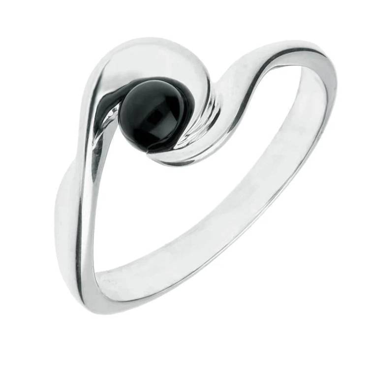 Sterling Silver Whitby Jet Wave Ring - Silver