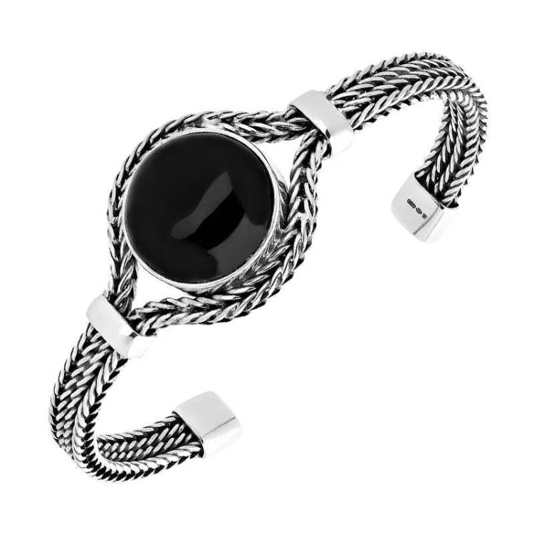 Sterling Silver Whitby Jet Round Foxtail Bangle - Silver