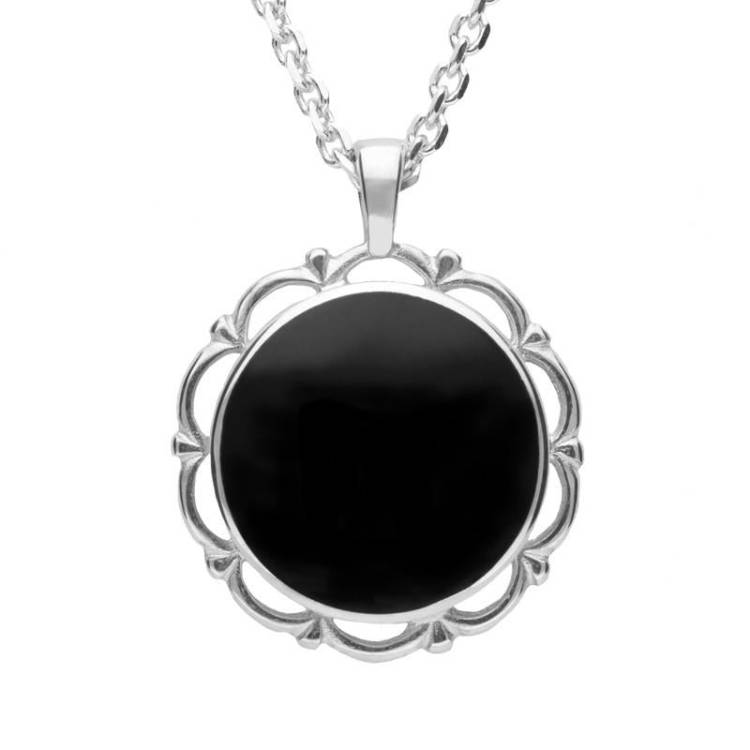 Sterling Silver Whitby Jet Round Frill Pendant Necklace - Option1 Value Silver